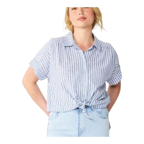 Draper James RSVP Striped Linen Blend Button-front Top in Blue Women's Medium - Picture 1 of 7